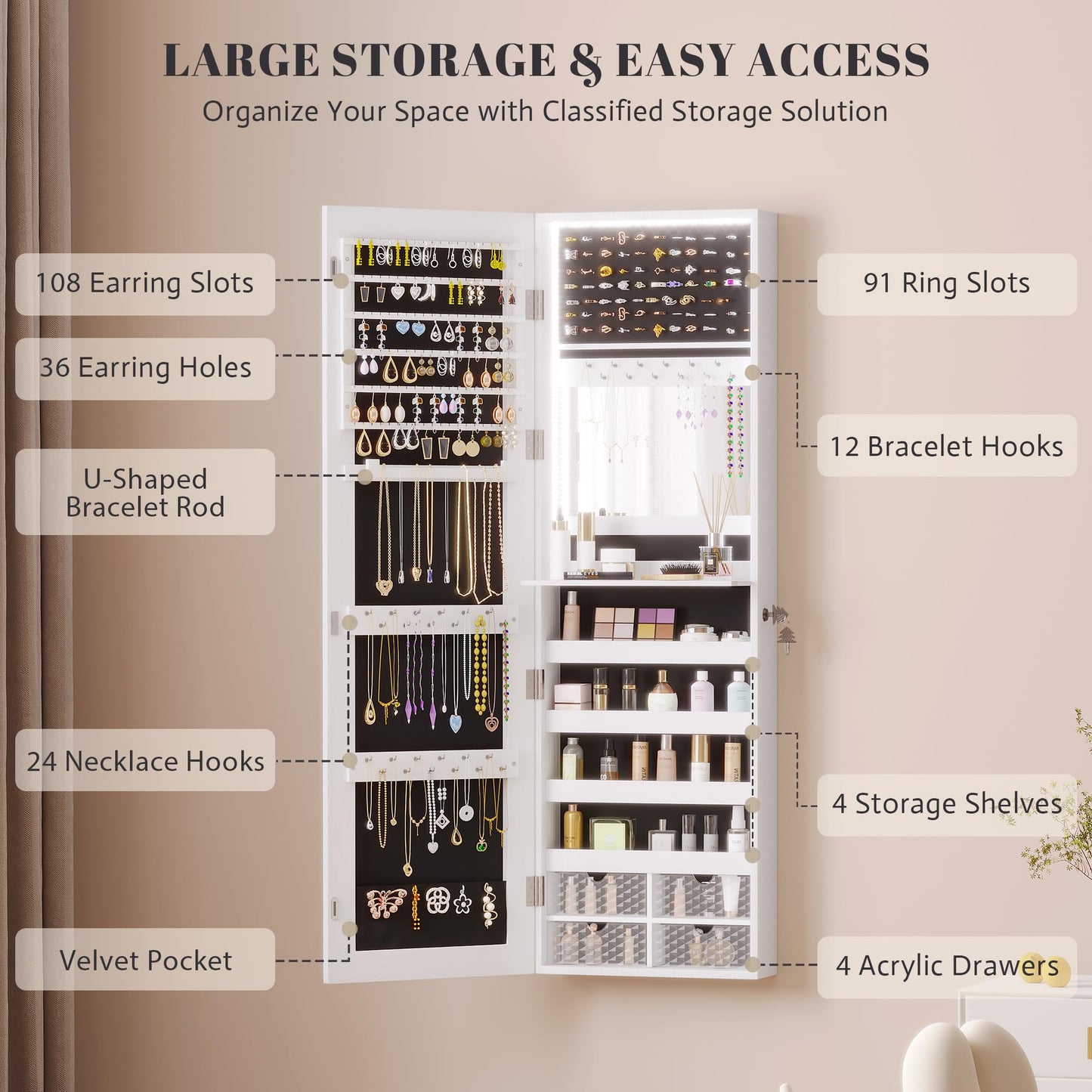 Vlsrka 47.2" LED Jewelry Mirror Cabinet, Wall/Door Mounted Jewelry Armoire Organizer with Full Length Mirror, Large Storage Hanging Cabinet, 4 Drawers, 5 Shelves (White)
