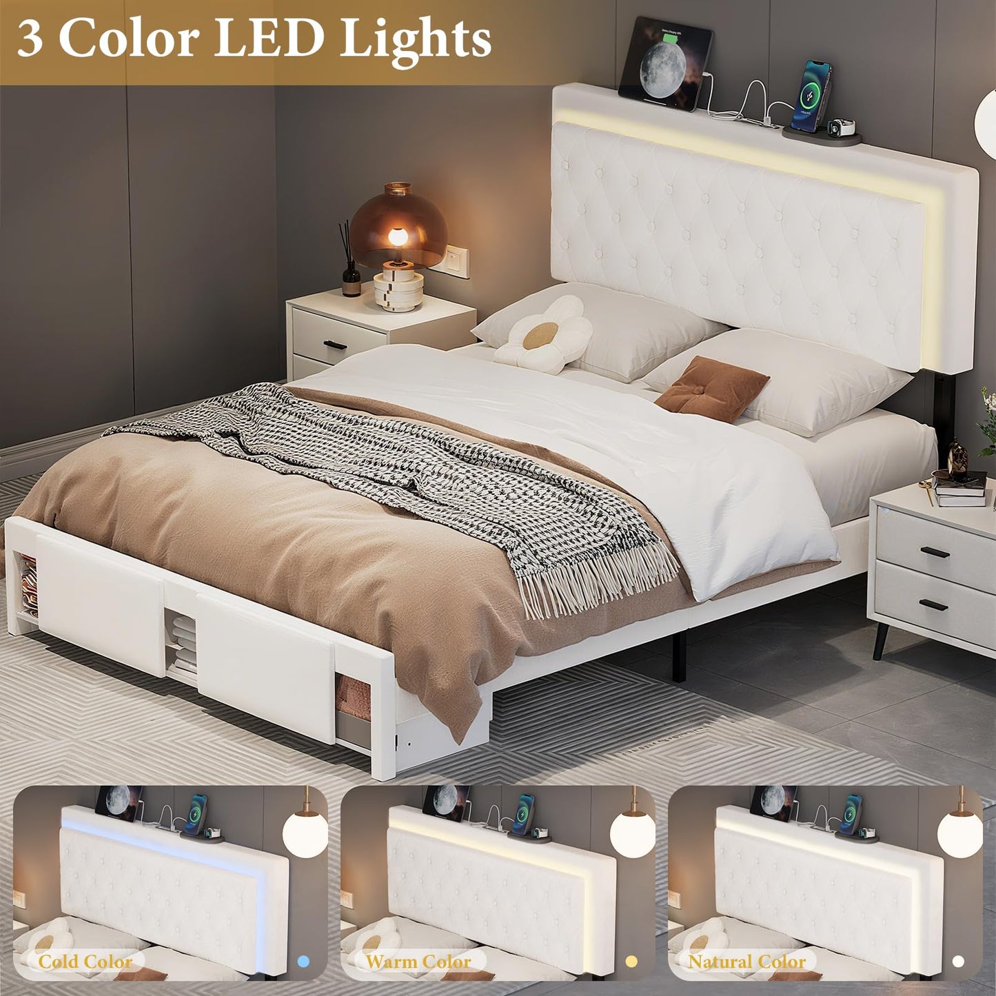 Queen Bed Frame with Sliding Barn Door Storage Cabinets,Bed Frame Queen Size Button Tufted Platform with Adjustable Comfortable Headboard,LED Lights,Charging Station,Solid Wooden Slats,Noiseless