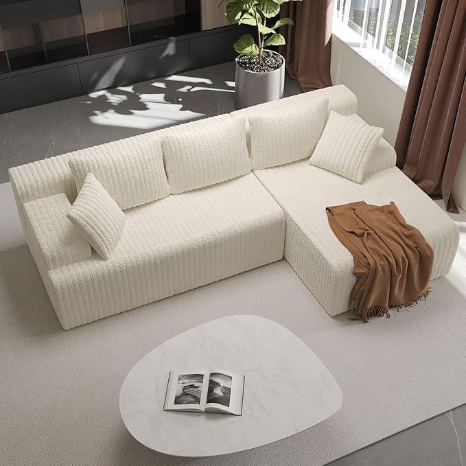 LAUSAINT HOME 96" Modular Sectional Sofa Couches, L-Shaped Boneless Cloud Sofa with 3 Deep Seat, 5 Cushiones Oversized Chaise for Living Room, Bedroom, Plush Corduroy Fabric (Right, Beige)