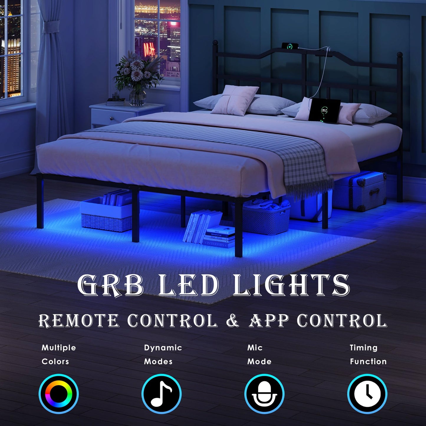 YORMDMO Full Bed Frame with LED Lights, 14 inch Metal Bedframe with Headboard, Outlets & USB, Heavy Duty Basic Steel Slats Platform, Noise Free, No Box Spring Needed