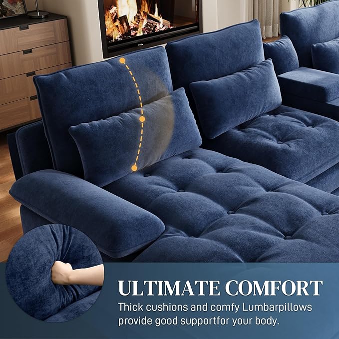 BEQAI 134"U Shaped Sectional Couches for Living Room,Oversized Modular Sectional Fluffy Couch with Chaise Lounge & Tufted Buttons,Modern Chenille 6 Seat Living Room Sofa Set with Storage Console, Blue