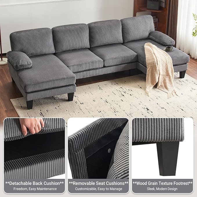 VINGLI 110" Sectional Couches for Living Room,U Shaped Couch with Double Chaise, 4-Seat Sofa Set with Corduroy Fabric for Home Furniture,Grey