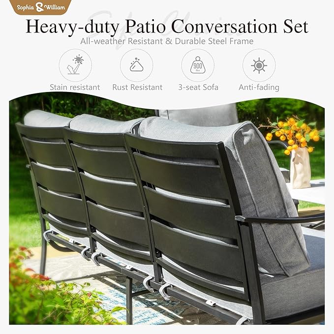Sophia & William Patio Furniture Sets for 7 with Fire Pit Table 45", Outdoor Patio Furniture Set 8 Pcs, Convesation Set with 4 x High Heavy Sofa Chairs, 1x3-Seat Sofa, for Porch Poolside Blue