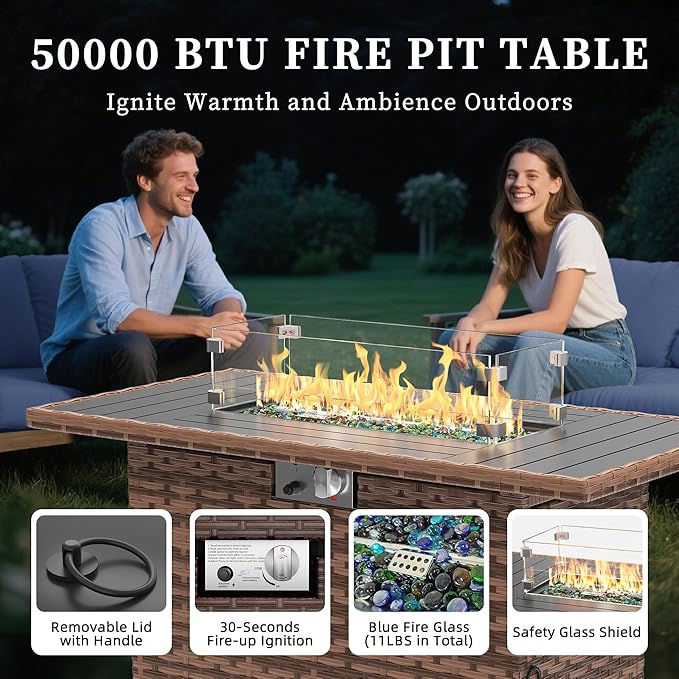 UDPATIO Patio Furniture Set with Fire Pit Table and Swivel Rocking Chairs, 6 Pieces Outdoor Wicker Furniture Set with Waterproof Cover, 4'' Thickened Cushion, Navy