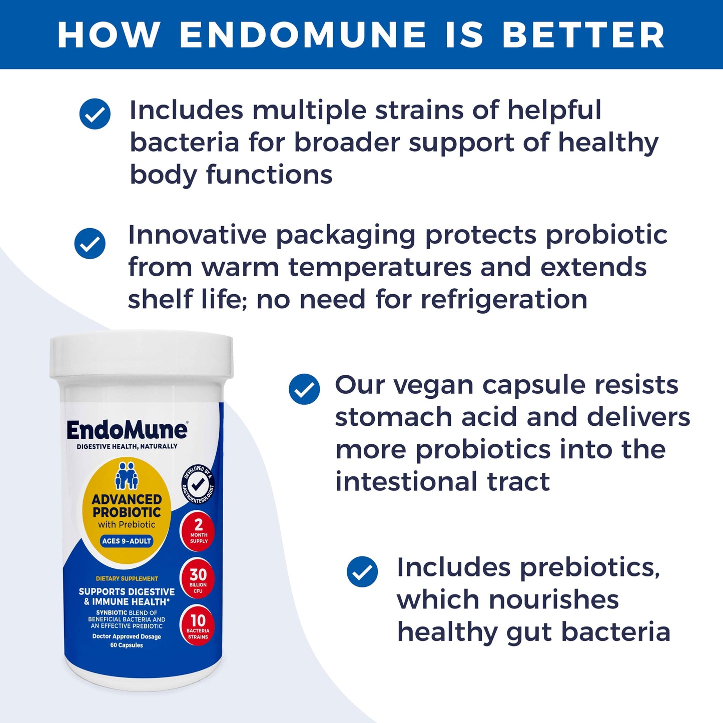 Endomune Advanced Adult Multi-Strain Probiotic Supplement with Prebiotic - 10 Strains, 30 Billion CFU - Physician Formulated (60-Count)