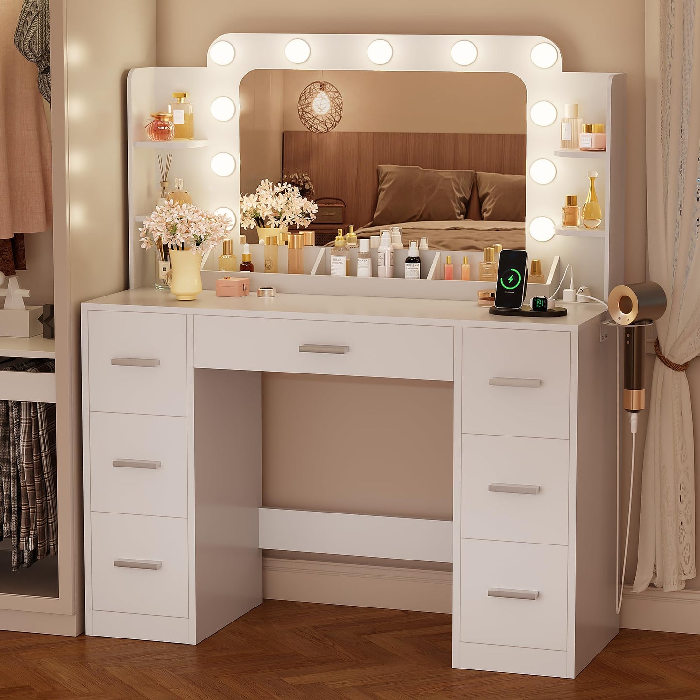 YESHOMY Vanity Desk with Large Lighted Mirror, Power Outlet and 11 Lights, Makeup Table with 7 Drawers and 3 Desktup Storage Units, 3 Color Modes Available for Bedroom, White