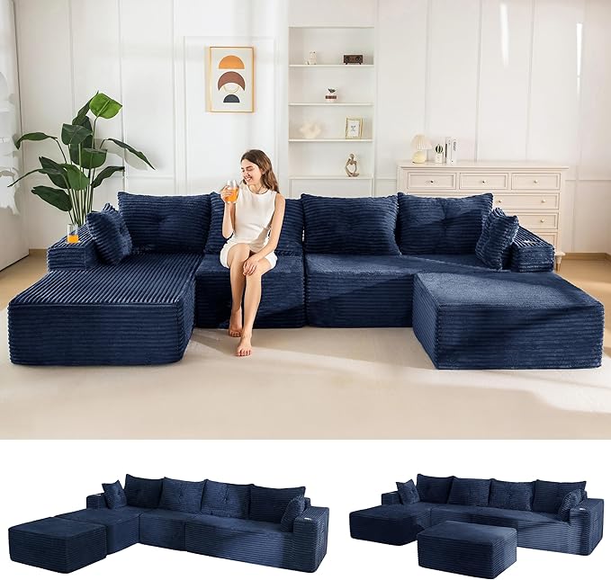 MAXYOYO 132" Giant U-Shaped Modular Sectional Couch, Modern Boneless Couch for Living Room, Sofa in A Box, Oversized Sofa Sleeper with Deep Seat, No Assembly Required, Navy