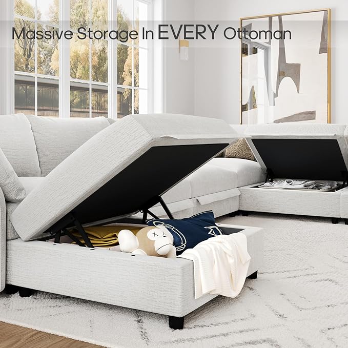 DreamDashio 193" Oversized Modular Sectional Sofa with Storage, U Shaped Sectional Cloud Couch for Living Room with Adjustable Arms Backs, Thick Cushions 10 Seater, Beige Chenille