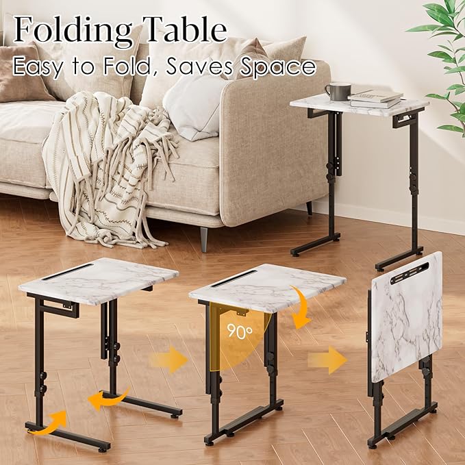 Fleecy day TV Tray, Folding TV Dinner Table, Adjustable Small C-Shaped End Tray for Eating, Foldable Slide Under Couch Side Table for Recliner, Living Room,No Assembly Required(White Marble,2Pcs)