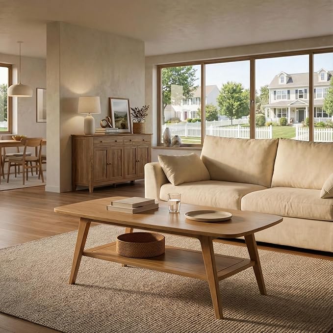 Hymus Coffee Table - 100% Solid Oak Wood- 2-Tier Coffee Table with Storage for Living Room, Eco-Friendly Finish, Easy Assembly (Natural, 39.37" D x 19.69" W x 17.32" H)