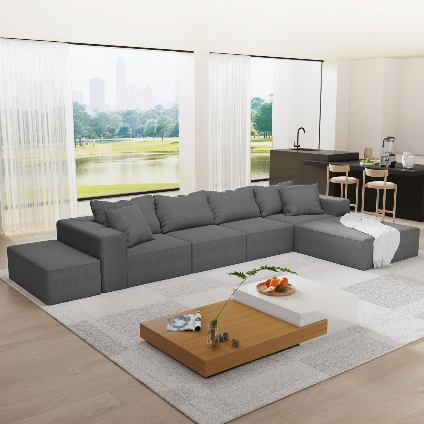 Oversized Boneless Modular Sectional Sofa Cloud Couch for Living Room - Convertible 6 Seater Chenille Couches Set with Ottoman, No Assembly Floor Compression Sofa with Memory Foam