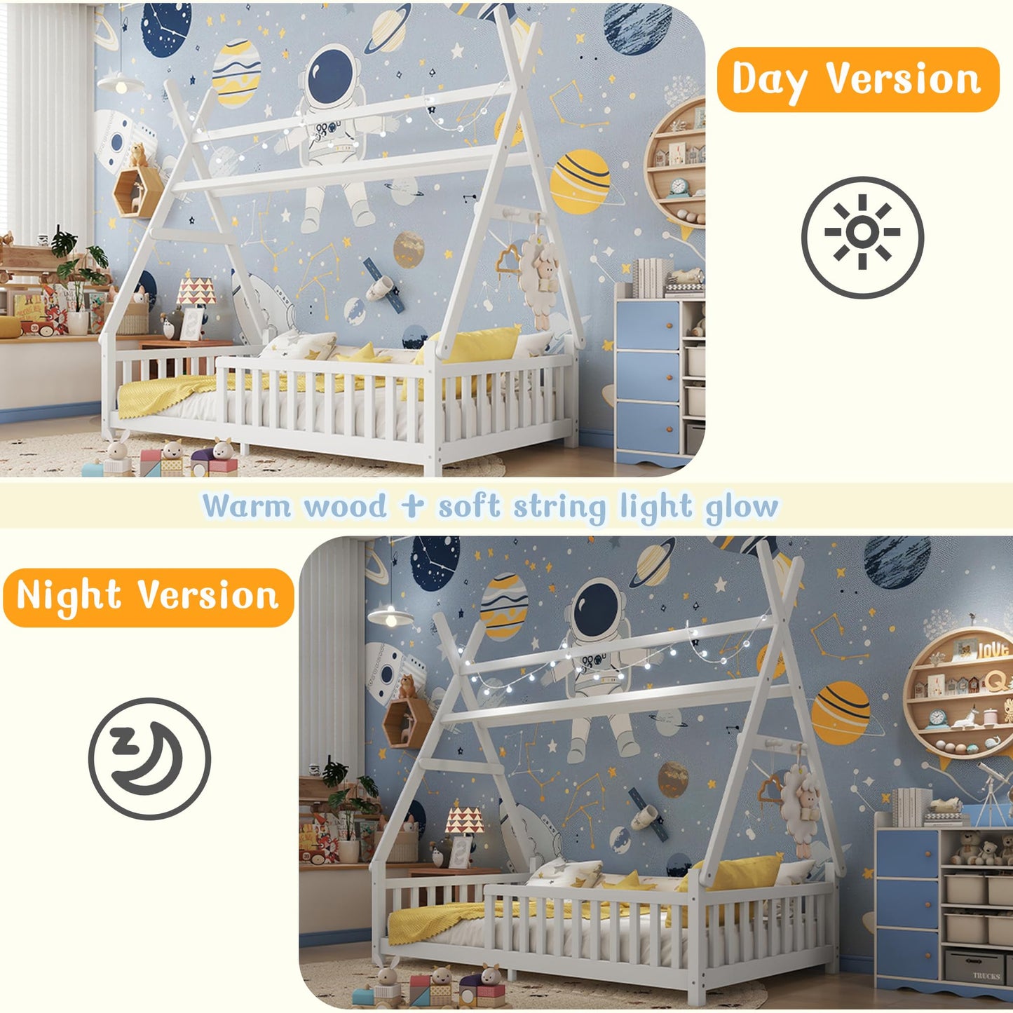 Mirightone Teepee Floor Bed for Kids, Full Size Montessori Beds with Rails, Detachable Floor Tent Bed with Slats and Hanging Rack, Wood House Bedframe for Boys Girls, White