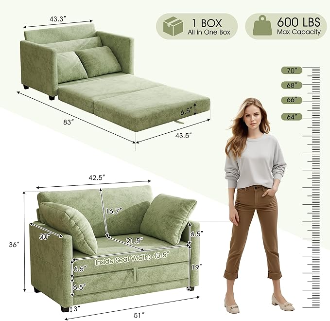 kakuboohi 51" Loveseat Sleeper Sofa Bed, Chenille Convertible Floor Sofa Bed for Small Spaces, Folding Couch Bed with Deep Seat, 2 Pillows & Solid Frame, Pull Out Couch for Living Room, Light Green