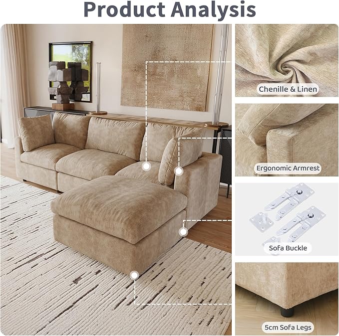 WJShome Cloud Couch Modular Sectional Sofa,67" L Shaped Couch, Convertible Wide Seater, 2 Seater+Ottoman for Living Room Set,Covers Washable&Replaceable,Khkai