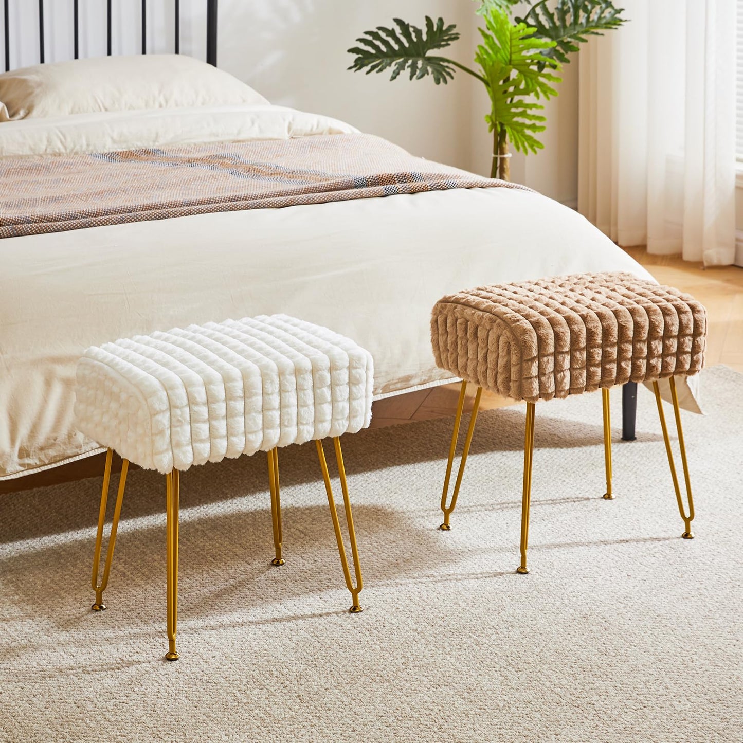 IBUYKE Rectangular Footrest Stool Ottoman, Makeup Vanity Stool Side Table, Velvet Dressing Table Seat, Footstool Chair, Golden Steel Legs, for Makeup Room, Bedroom, Square Grid Pattern, Khaki WBD003K