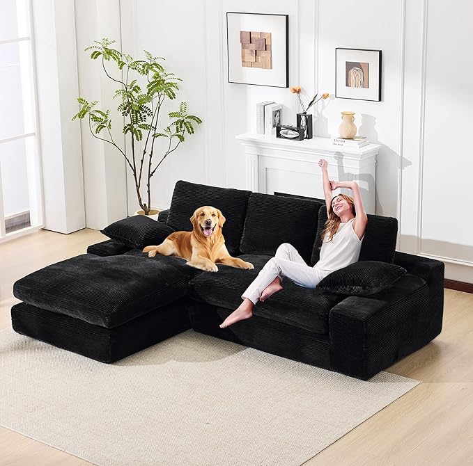 98.4" Black Sectional Sofa Cloud Modular Sectional Couch with Chaise,Corduroy Sectional Couches L-Shaped Modern Upholstered Sofa with Deep Seat for Living Room and Bedroom,No Assembly Required(Black)