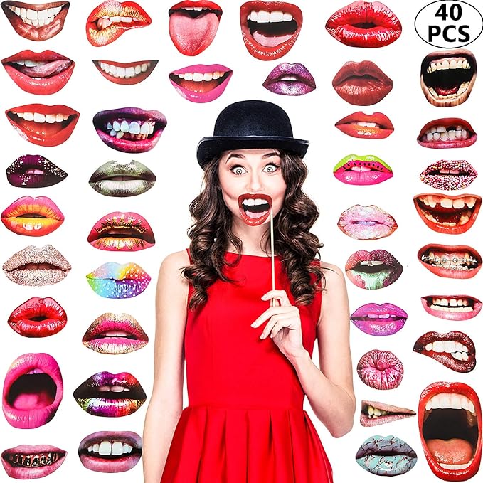 Party Photo Booth Props, Funny Mouth Lips Photo Booth Prop, Funny Mouth DIY Set with Wood Stick Selfie Props Accessories f...
