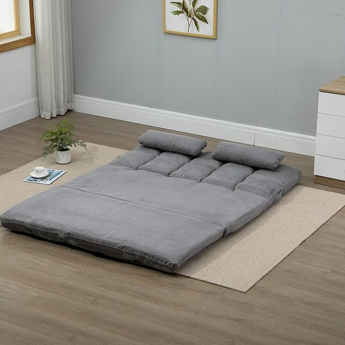 HOMCOM Convertible Floor Sofa Chair, Folding Couch Bed, Guest Chaise Lounge with 2 Pillows, Adjustable Backrest and Headrest, 51.25" L, Light Gray