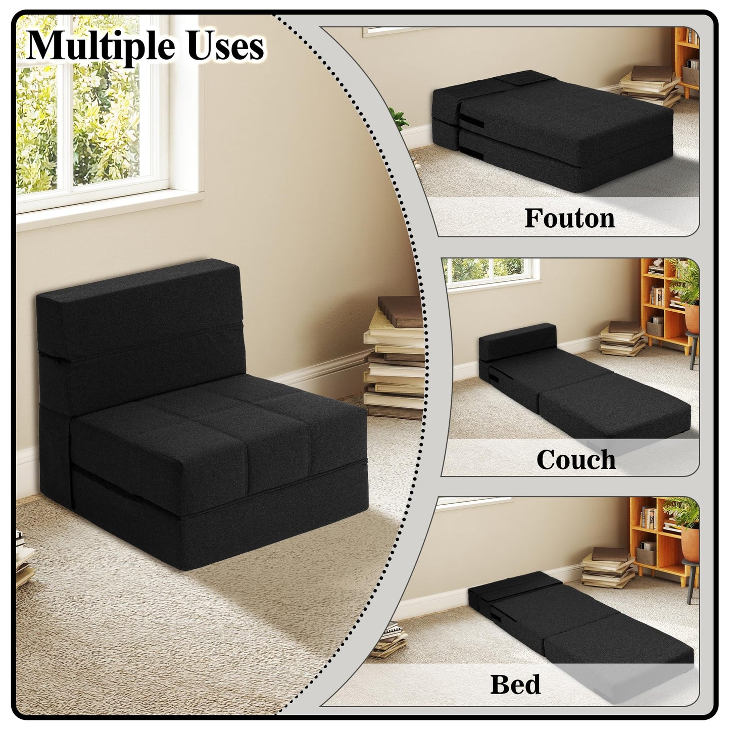 CATMIX Folding Sofa Bed, 7 inch Memory Foam Floor Couch, Convertible Sleeper Foldable Mattress Futon Sofa for Living Room/Home Office/Guest Beds/Apartment/Upstairs Loft, New Dark Gray, Single