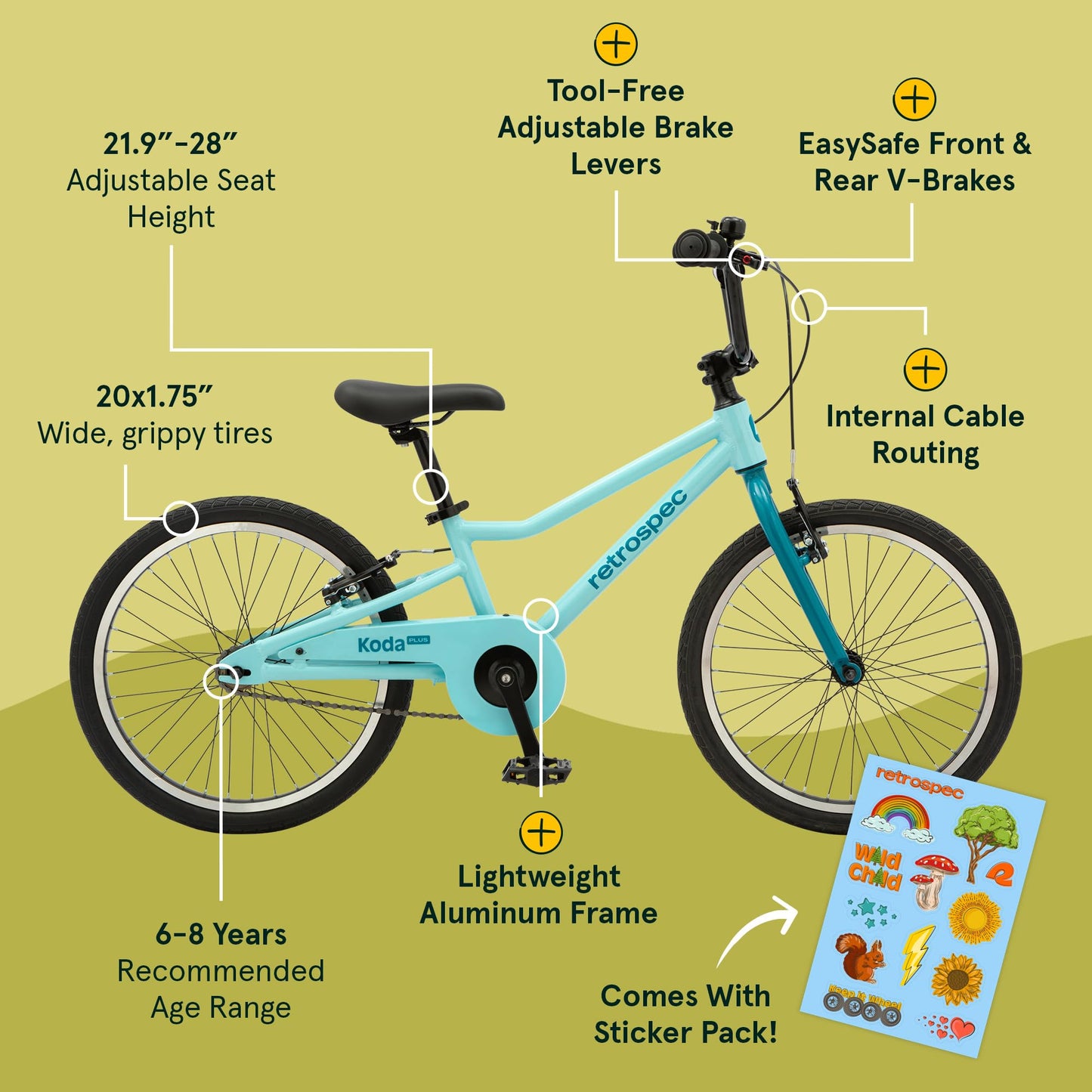 Retrospec Koda Plus 20in Kids Bike with Adjustable Seat & Handlebars - Lightweight Girls & Boys Bicycle for Ages 6-8, Easy-Grip v-Brakes & Smooth-Rolling Tires