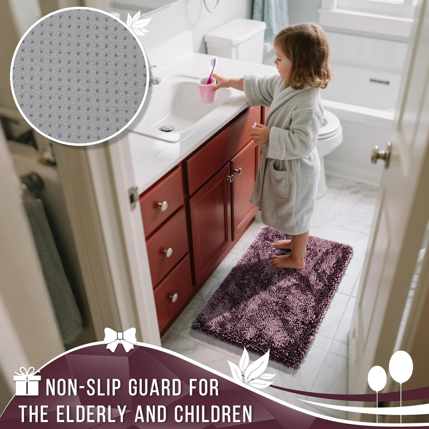 Yimobra Long Bathroom Rugs Runner 55x24 Inch, Extra Thick Soft Absorbent Chenille Bath Mat, Non Slip Machine Washable, Quick Dry Bath Rugs for Bathroom Floor, Tub and Shower, Purple Grey