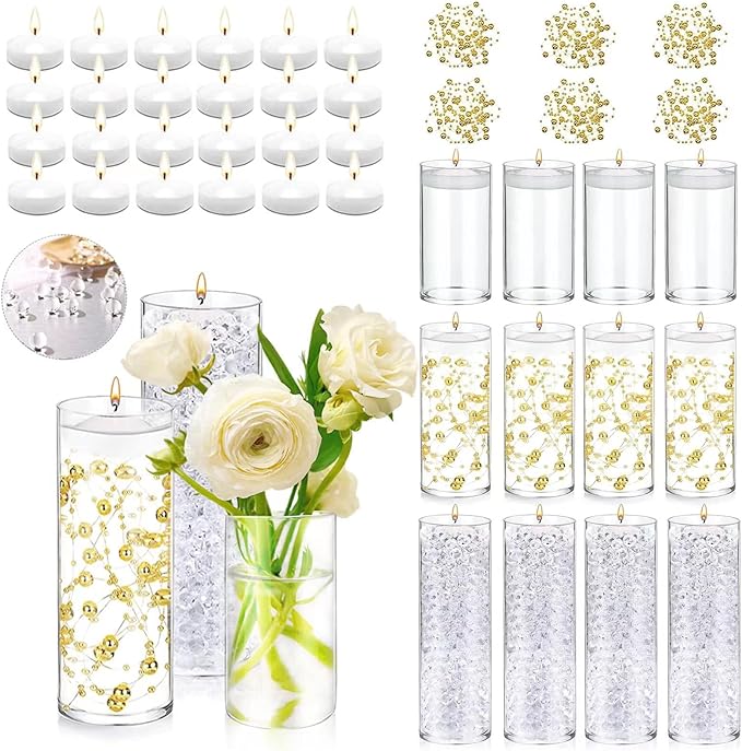 UDU 12 Set Glass Vases for Centerpieces with 24 White Floating Candles 80000 Vase Filler 6 Pearl String Party Event Home W...