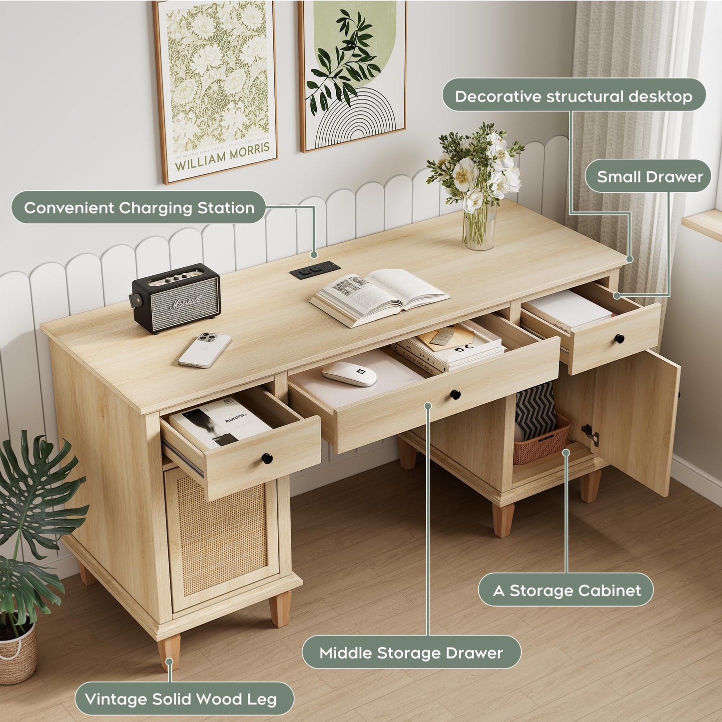 Yechen 58" Modern Executive Desk with Natural Rattan Door, Boho Writing Desk with 3 Drawers & 2 Cabinet for Study, Work, Computer, Natural Oak