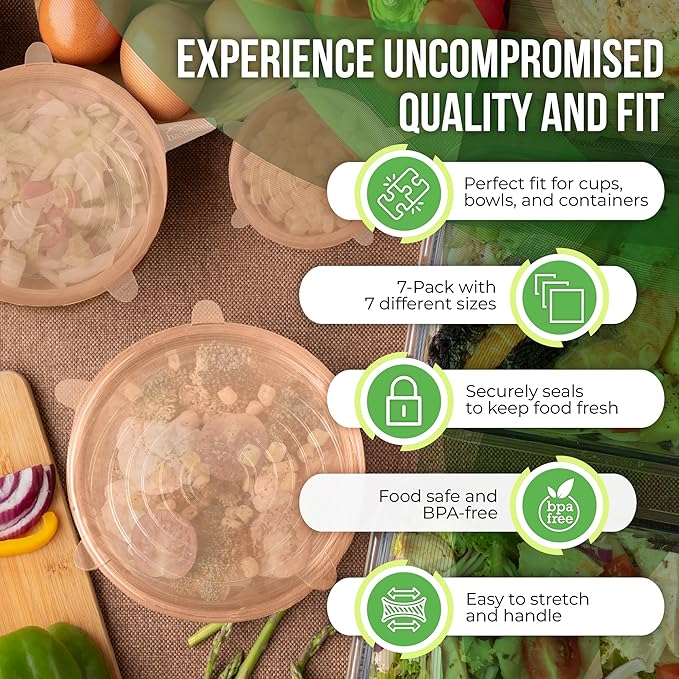 Reusable Silicone Stretch Lids for Food Storage in Fridge - Elastic Heat-Resistant Bowl Covers, Cups, Cans, Jars - Universal Food Grade Lid for Round and Rectangle Containers -7 Pack - Peach Glow
