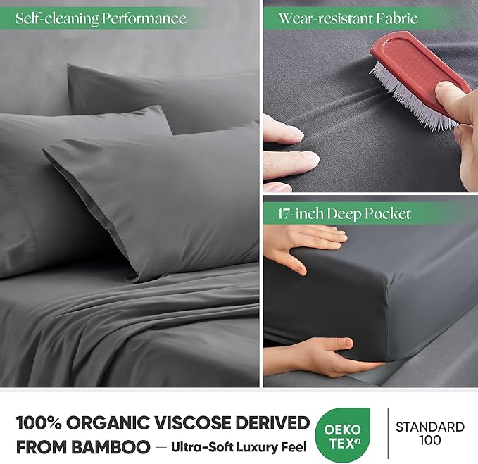 GroundBam Silver Infused Bed Sheets Set, Temperature-Regulating Fabric with Self-Cleaning Technology for 3X Freshness Sleep, Genuine 100% Organic Viscose Derived from Bamboo (Gray, Queen)