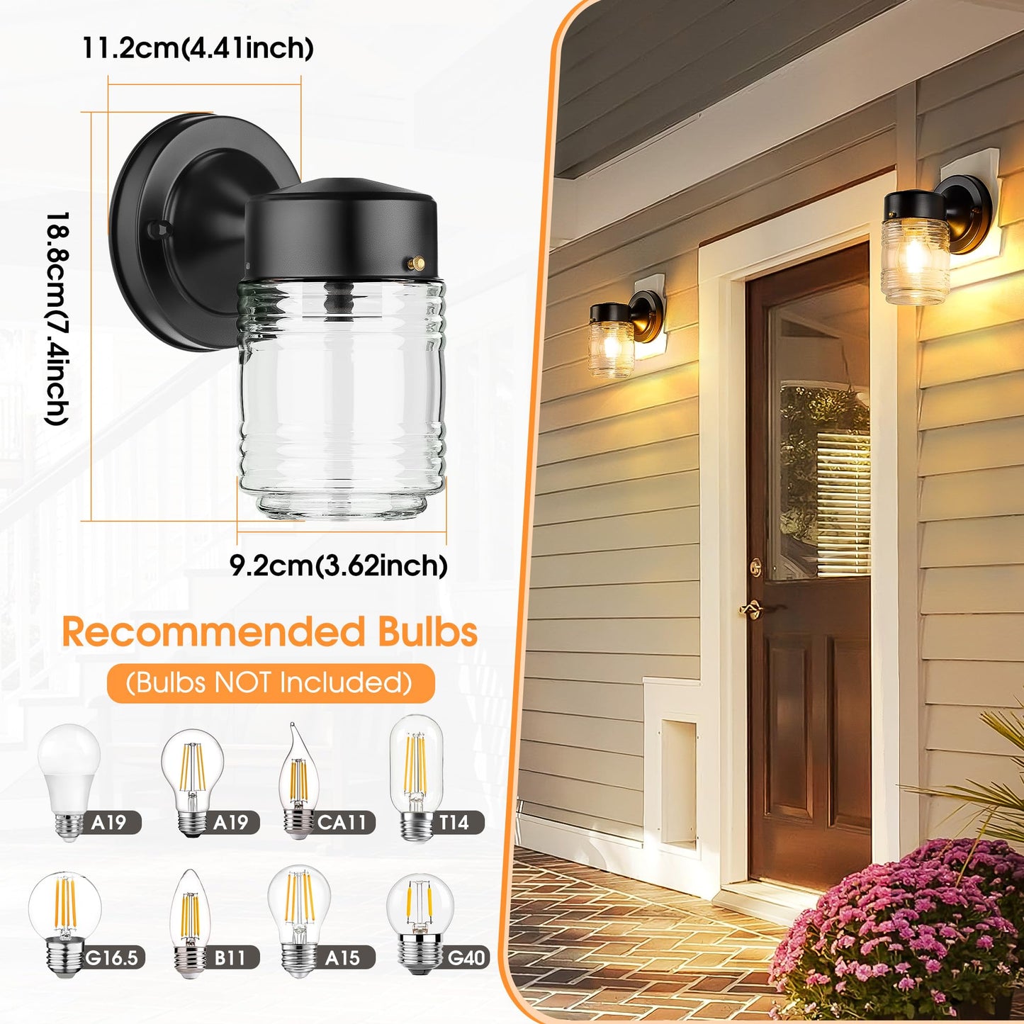 MATAMEYE Jelly Jar Outdoor Wall Lantern, Black Exterior Waterproof Wall Mount Lighting Fixture, Anti-Rust Front Door Sconce with Clear Ribbed Glass, E26 Socket Lights, 2 Pack