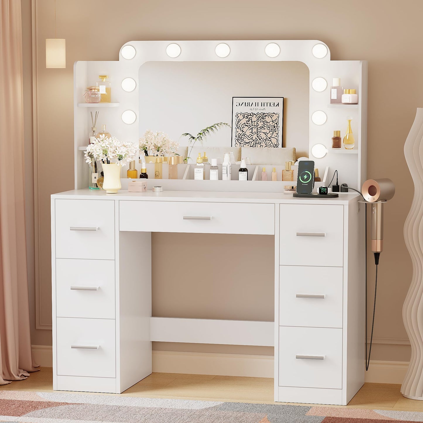 YESHOMY Vanity Desk with Large Lighted Mirror, Power Outlet and 11 Lights, Makeup Table with 7 Drawers and 3 Desktup Storage Units, 3 Color Modes Available for Bedroom, White