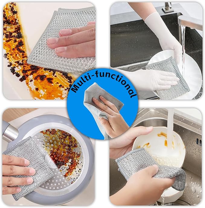 Cast Iron Scrubber with Silicone Handle, Chainmail Scrubber 316 Stainless Steel Brush Non-Scratch Pot for Cast Iron Pan Skillet Cleaner, Dishwasher Safe