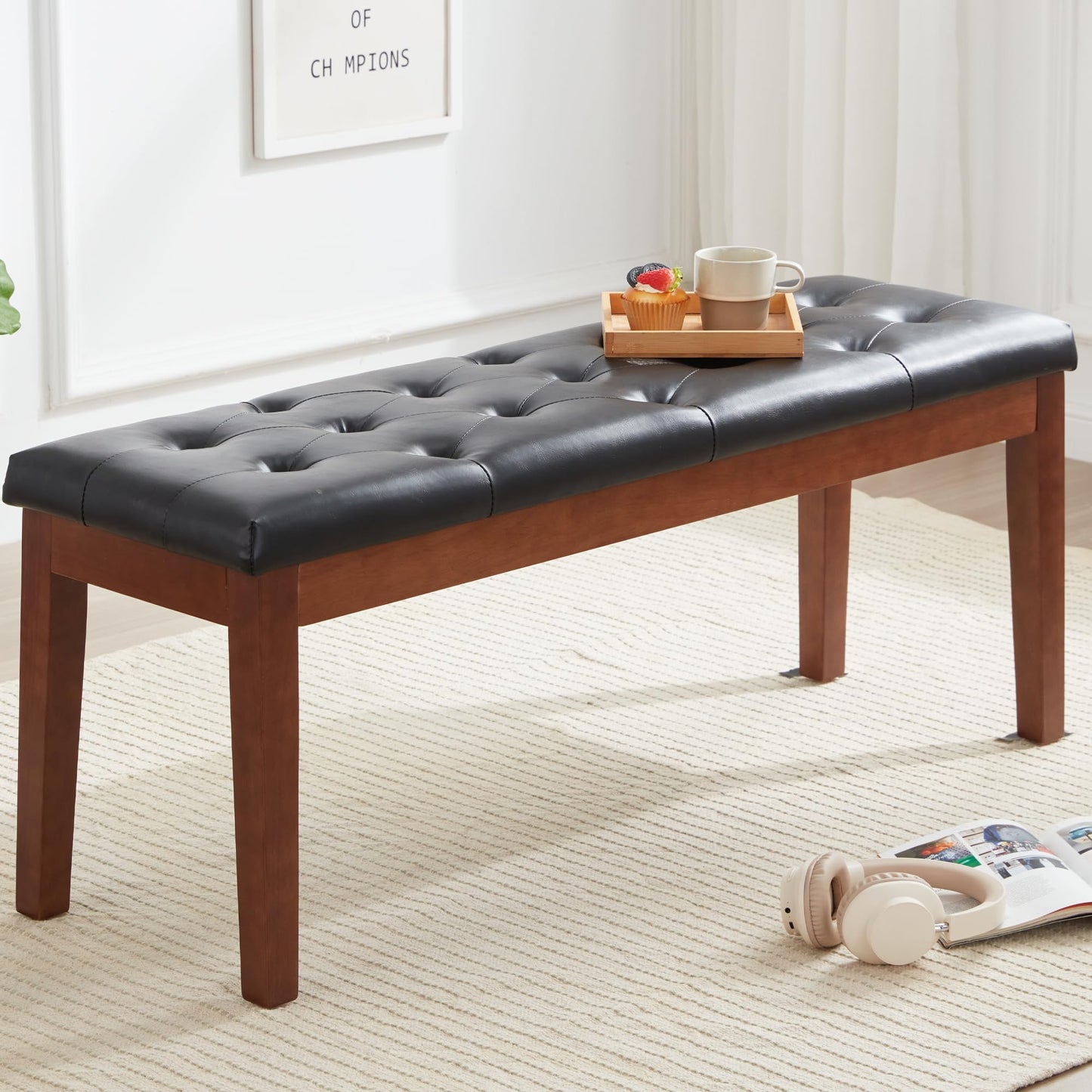 MILCIL Ottoman Bench Upholstered Padded Seat with Solid Wood Legs and Button-Tufted, Faux Leather Black