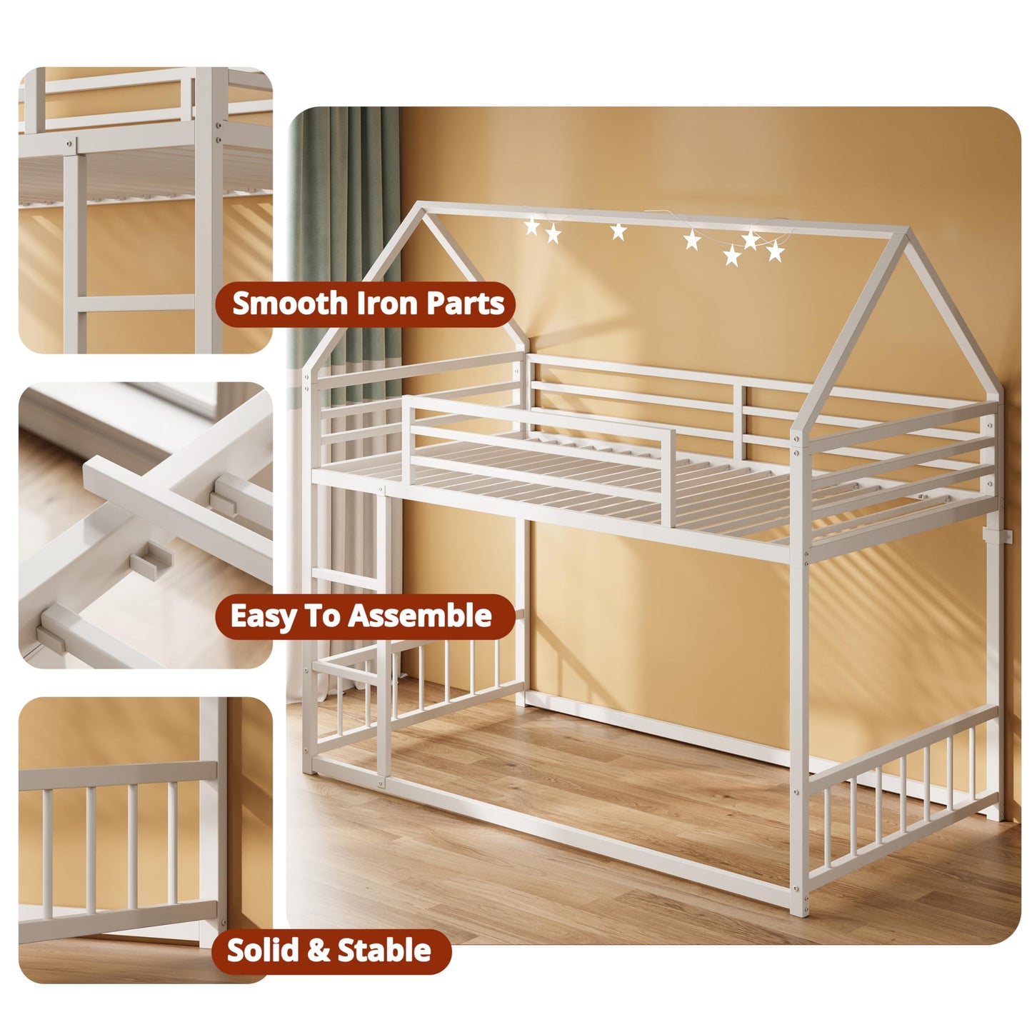 LIKIMIO Bunk Bed Twin Over Twin, House Bunk Bed Frame with Ladder and Guardrail, House Shaped with Metal Slats for Dormitory and Bedroom, Space Saving, No Box Spring Needed, White