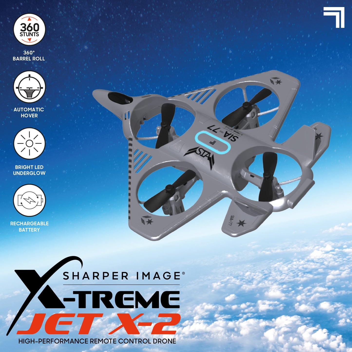 Sharper Image® X-Treme Jet X-2 High-Performance Remote Control Drone, 2.4 GHz Long Range Wireless Control, Advance Auto-Pilot with 360 Barrel Roll, 7-piece, Grey, Age 8+