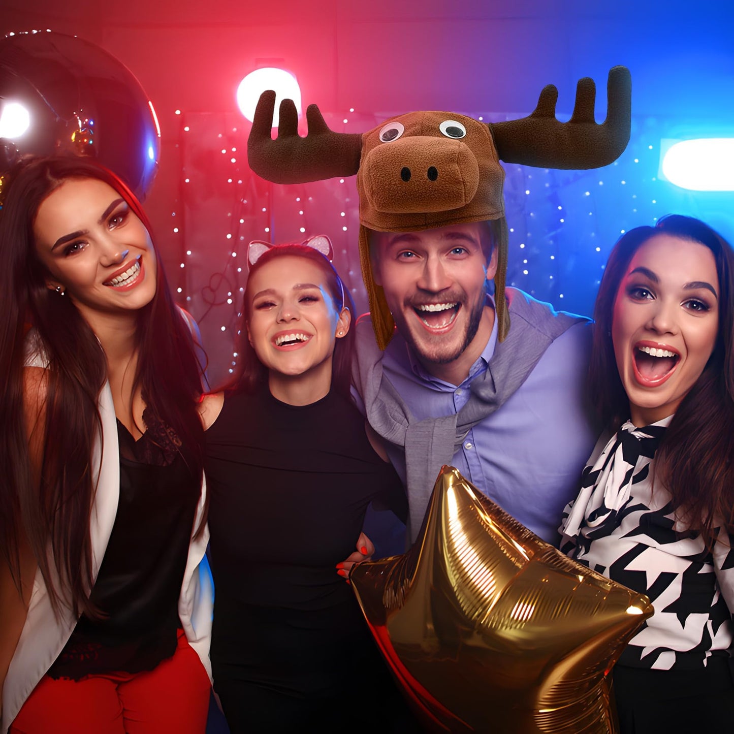 Nicky Bigs Novelties Funny Hats for Men & Adults Moose Hat with Stuffed Animal and Wacky Eyes, Moose Antlers Headband Hilarious Animal Hat for Cosplay, Halloween Costume, Party Accessory