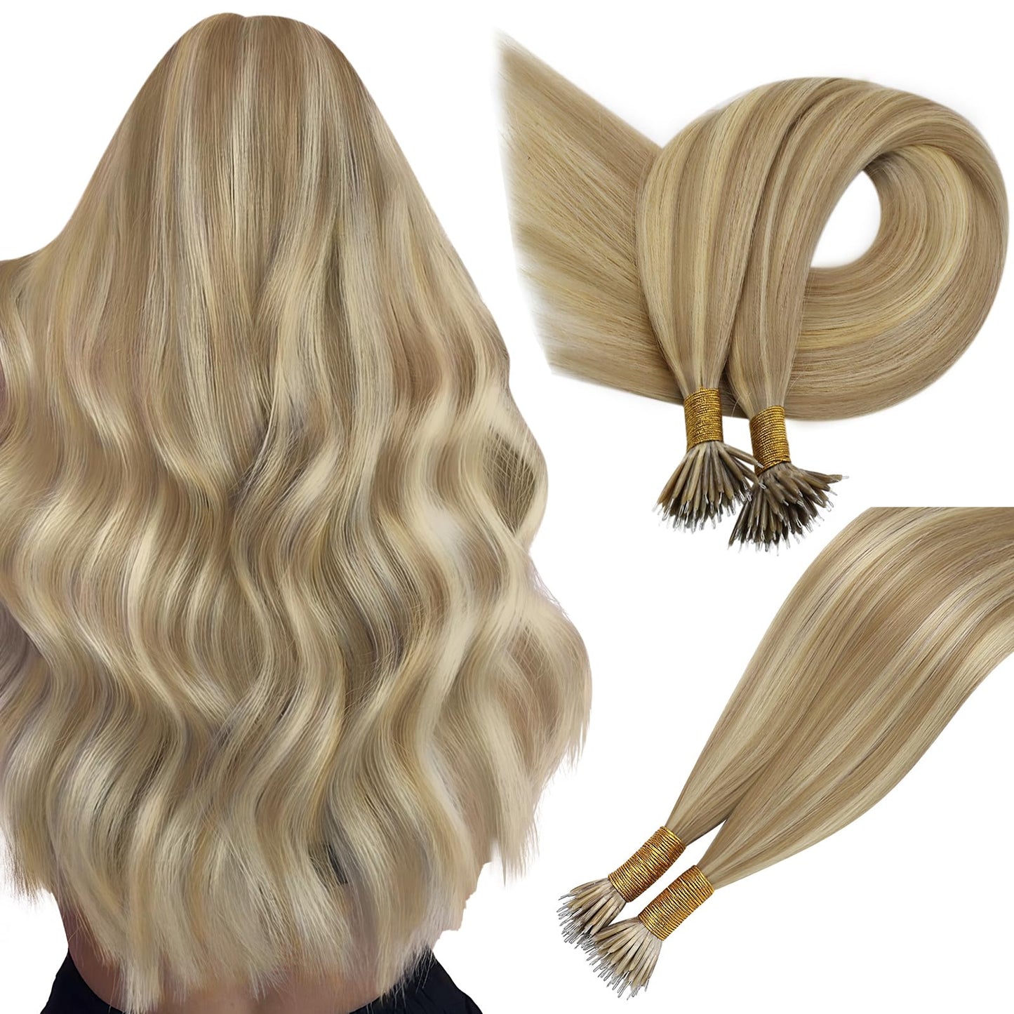 Easyouth Nano Ring Hair Extensions Blonde Nano Bead Hair Extensions Blonde Highlighted Golden Blond Nano Hair Extension Add Leng