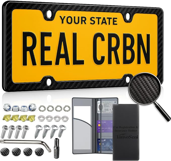 TansoSeni Anti Theft 100% Real Carbon Fiber License Plate Frame Holder, Black Licence Plate Car Tag Frame 6″×12″ Rust-Proo...