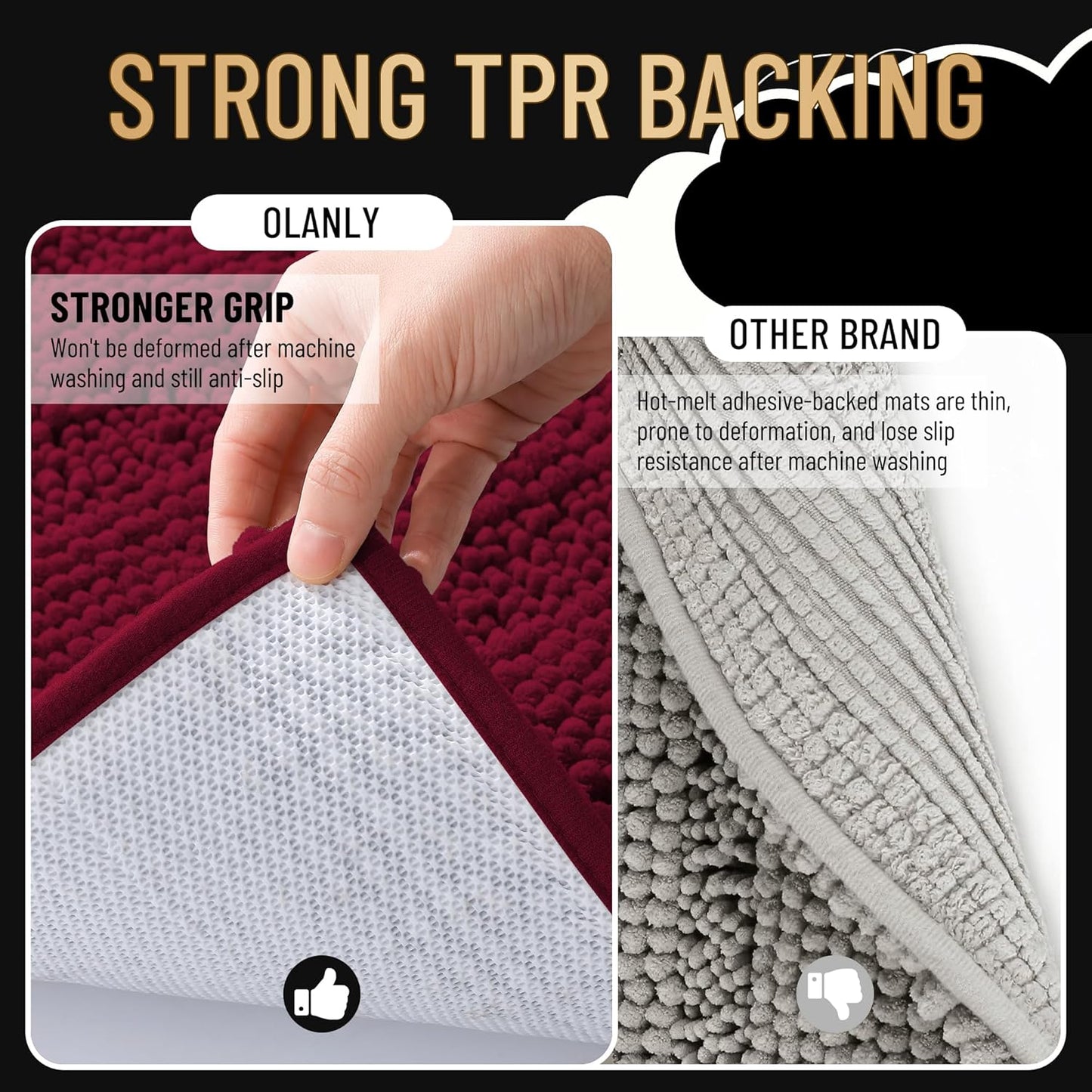 OLANLY Thick Bathroom Rugs 24x16, Extra Soft Absorbent Chenille Striped Bath Rugs, Rubber Backing, Machine Wash Dry, Bath Mats for Bathroom Floor, Tub and Shower, Home Decor Accessories, Burgundy
