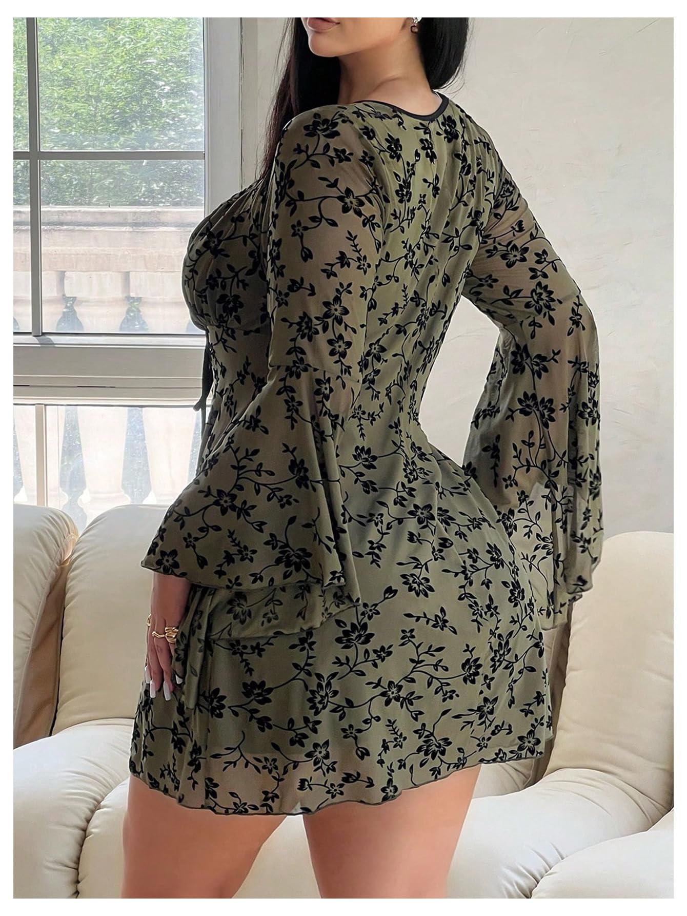 Floerns Women's Plus Size Floral Gothic Dress Flare Long Sleeve Mesh Grunge A Line Dress Army Green Large Plus
