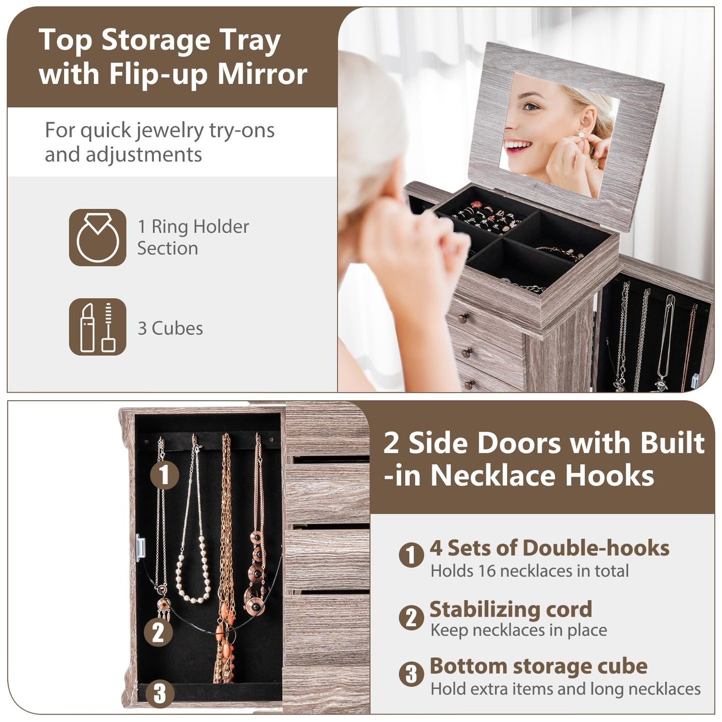 CHARMAID Gray Cabinet, 5 Drawers Jewelry Armoire with Mirror, Swing Doors, Necklace Hooks, Standing Organizer, Large