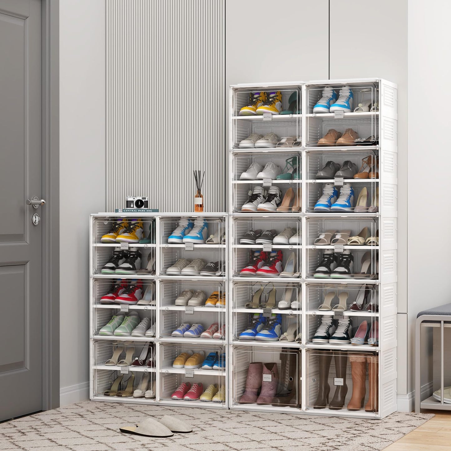 BROVIEW 9 Tiers 36 Pairs Heavy Duty Shoe Storage and Organizer, Hard Plastic Stackable Shoe Box, Shoe Cabinet storage for Entryway, Large Shoe Storage Bins, Folding Shoe Rack with Magnetic Door