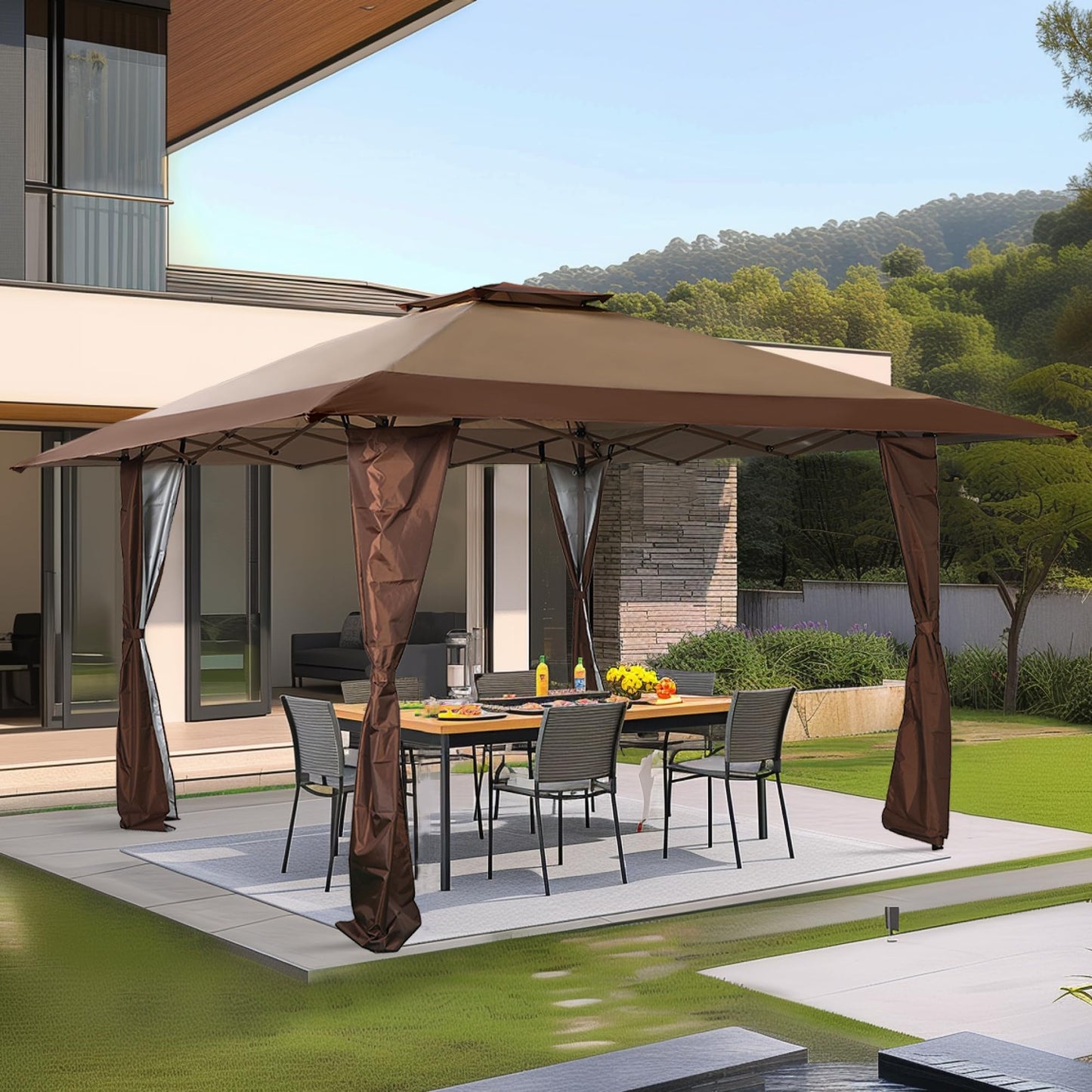 Canopy Tent Pop Up 13x13 ft, Outdoor Patio Portable Commercial Canopies Shelter Heavy Duty Straight Legs with Roller Bag, 8 Stakes, 4 Guy Ropes, UPF50+, Brown, Sophia & William