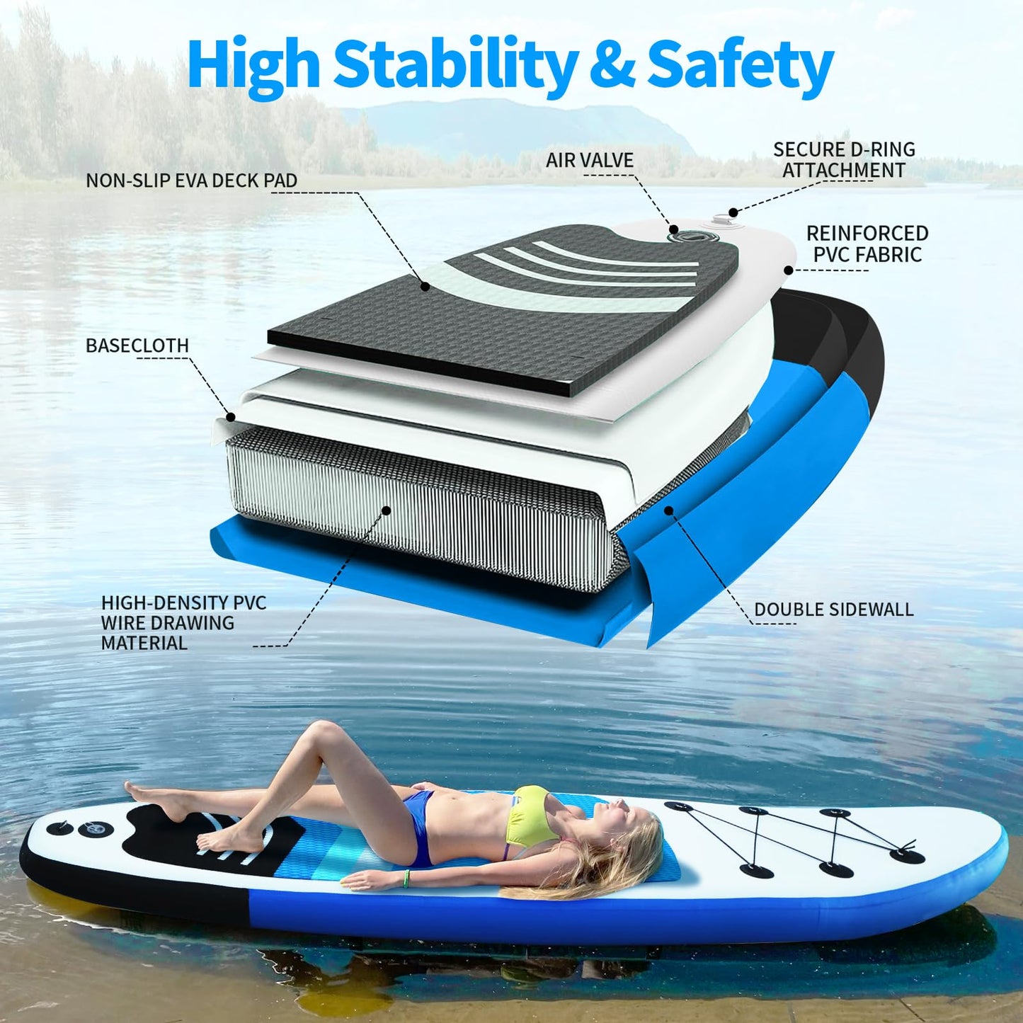 GZKYYLEGS Inflatable Stand Up Paddle Board SUP Accessories & Carry Bag, Wide Stance, Surf Control, Non-Slip Deck, Leash, Paddle and Pump, Standing Boat for Youth & Adult