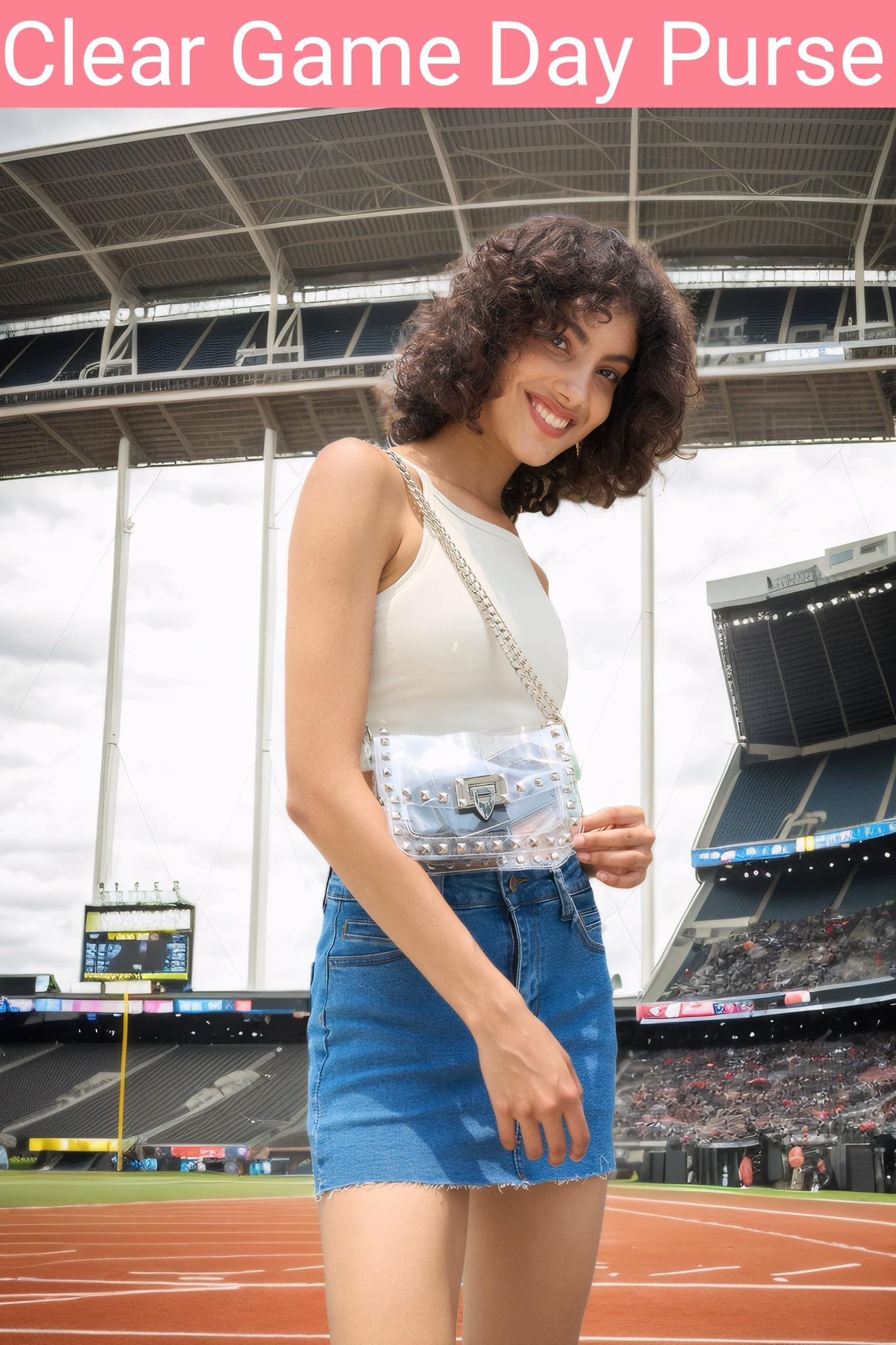 SharPlus Clear Crossbody Purse Bag for Women Stadium Approved with Silver Studded Rivet, Clear PVC Clutch Handbag for Concert & Game Day