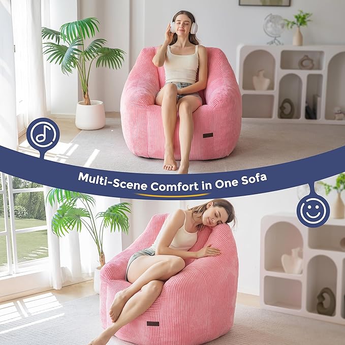 MAXYOYO Bean Bag Chair, Bean Bag Sofa with Filler, Cozy Living Room Chair for Adults and Kids, Stuffed Floor Sofa for Bedroom Dorm Reading, Pink