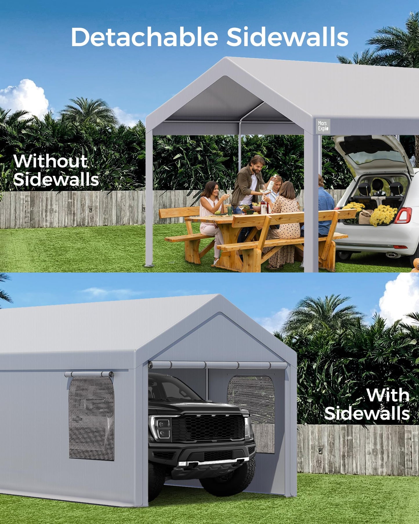 Carport, 10 x 20 FT Portable Garage Heavy Duty, Carport Canopy with Sidewalls Roll-Up Door & Windows, Car Port Canopy Tent Reinforced with Extended Skirt for Truck, Boat, Car Shed (Light Gray)