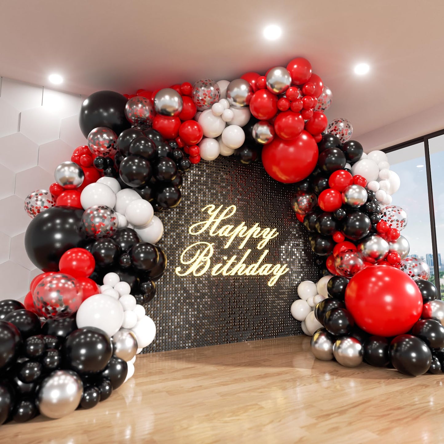 Red Black and White Balloon Arch Kit, ADOINBY 140Pcs Red and Black White Silver Garland kit, 18 12 10 5 Inch Different Size Balloons for Birthday Party Anniversary Racing Car New Year Prom Decorations