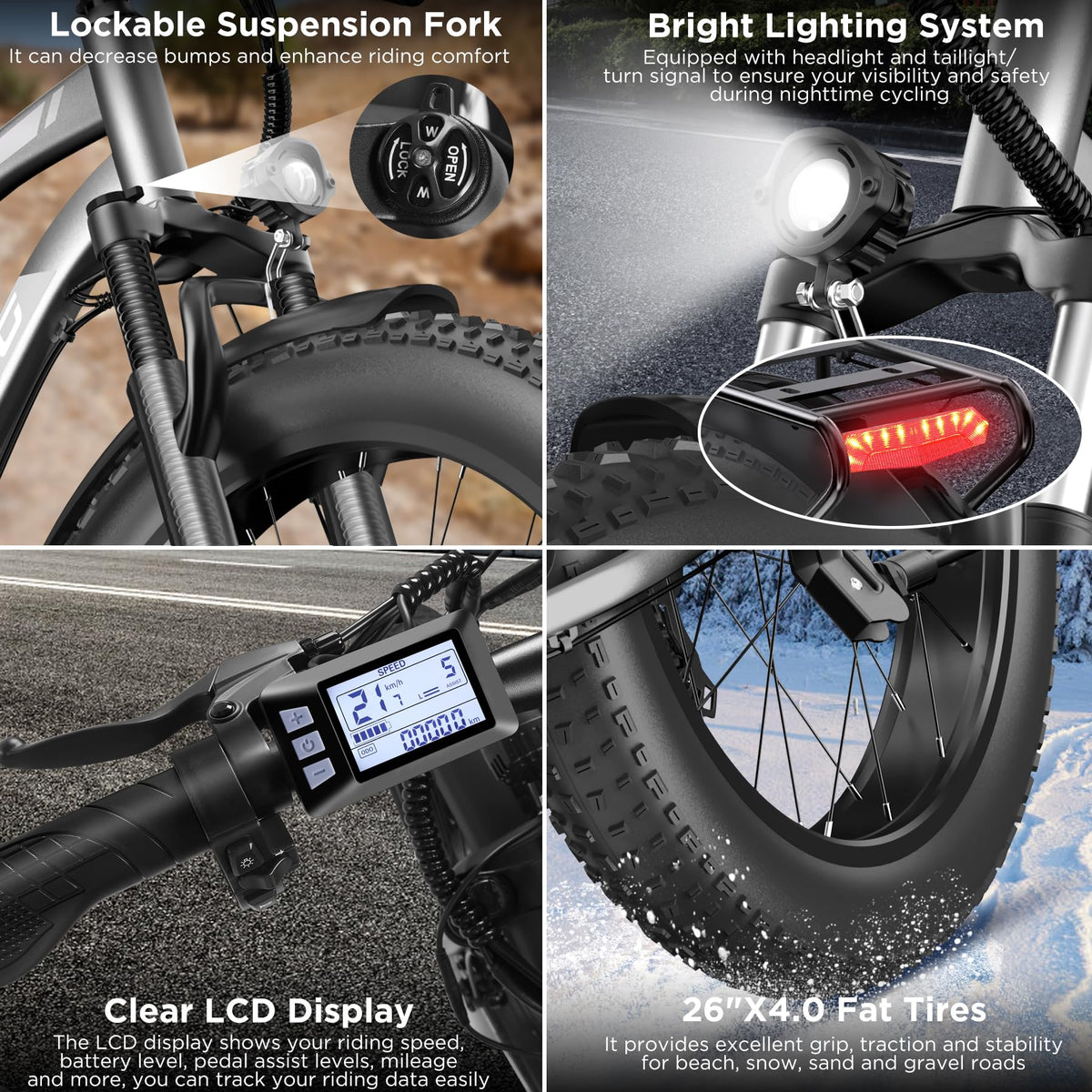 Funhang Electric Bike for Adults, 1000W Peak Ebike, 25MPH 60Miles Electric Mountain Bike, 26" Fat Tire Electric Bicycle with 48V 13AH Battery, Rear Rack, Turn Signal, Lockable Suspension Fork,7 Speed