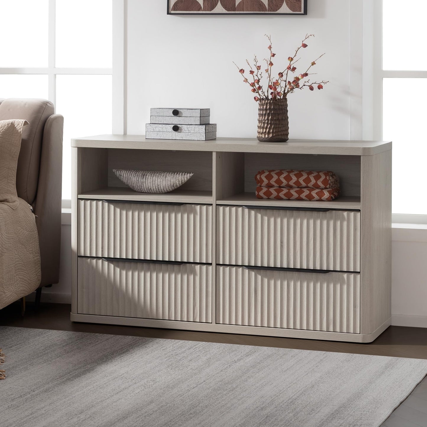 SICOTAS Dresser for Bedroom - Dressers & Chests of Drawers with 4 Drawers Large Modern Dresser for Closet with Open Shelf Fluted Wide TV Stand Clothes Closet Storage for Bedroom Hallway Entryway